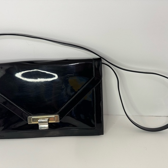 Vintage Lou Taylor Black Patent Leather Clutch w/ Swivel Mirror & Strap Shoulder Bags